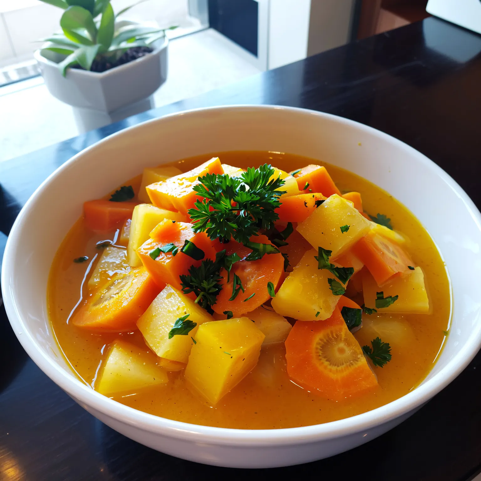 Ragoût de carottes et panais en morceaux, bouillon doré épicé, servi chaud dans un bol et garni de persil frais