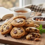 Cookies sans gluten aux pépites de chocolat, croustillants dehors et moelleux dedans, servis avec thé et amandes