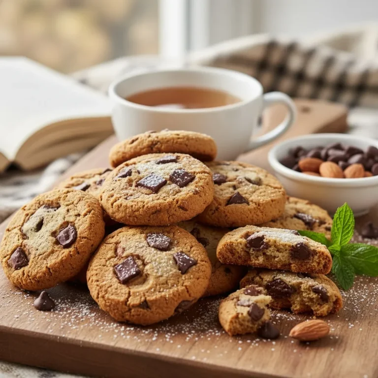 Cookies sans gluten aux pépites de chocolat, croustillants dehors et moelleux dedans, servis avec thé et amandes