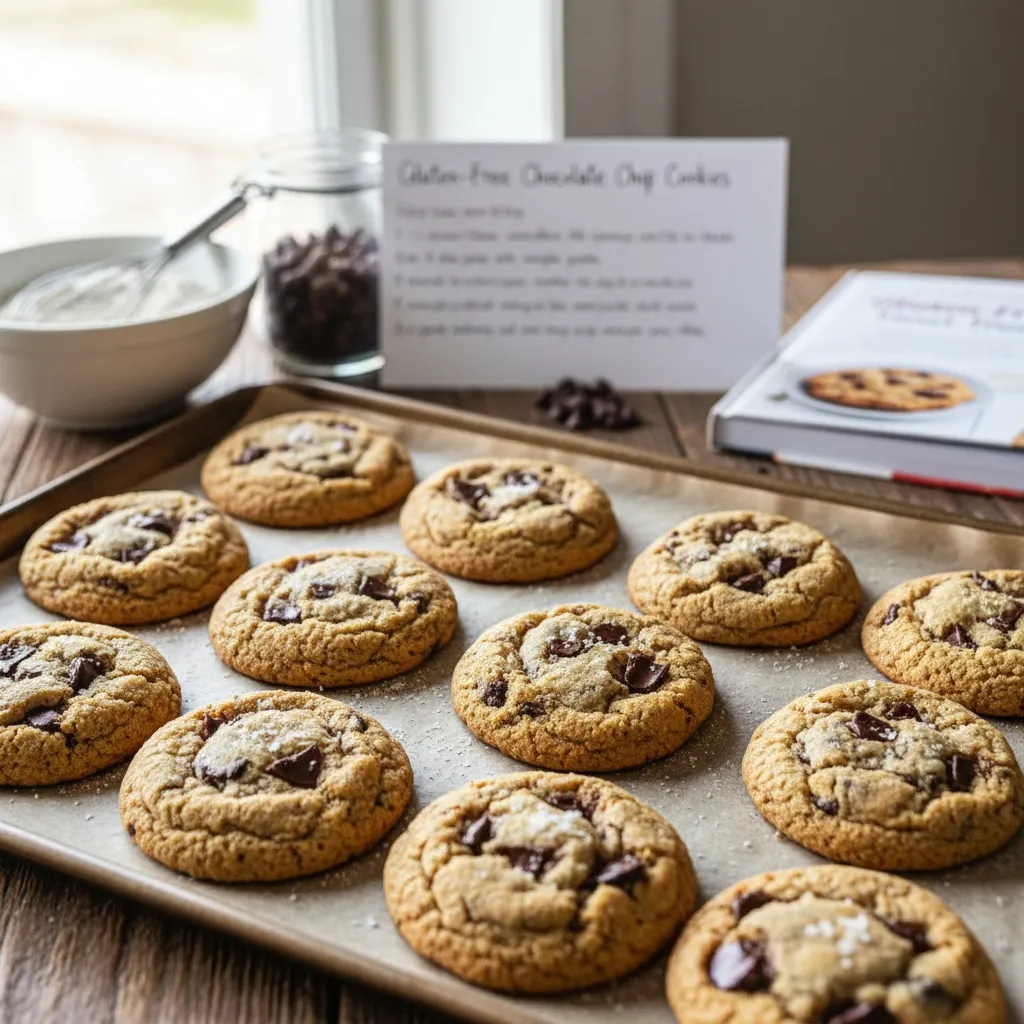 Cookies sans gluten tout juste sortis du four sur plaque, pépites de chocolat fondantes, recette facile à réussir