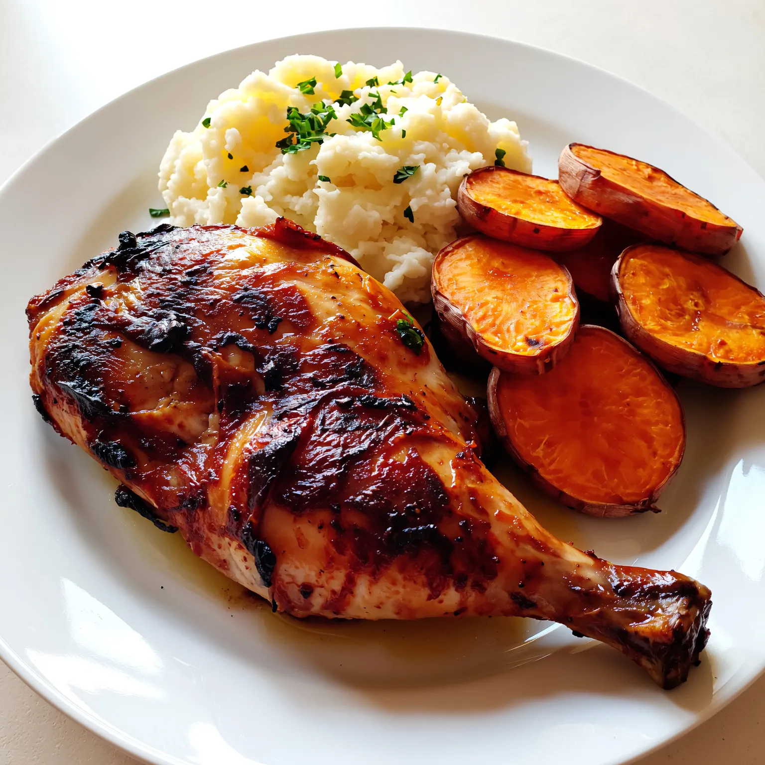 Filet de poulet rôti doré accompagné de patates douces rôties au four, assiette simple et équilibrée