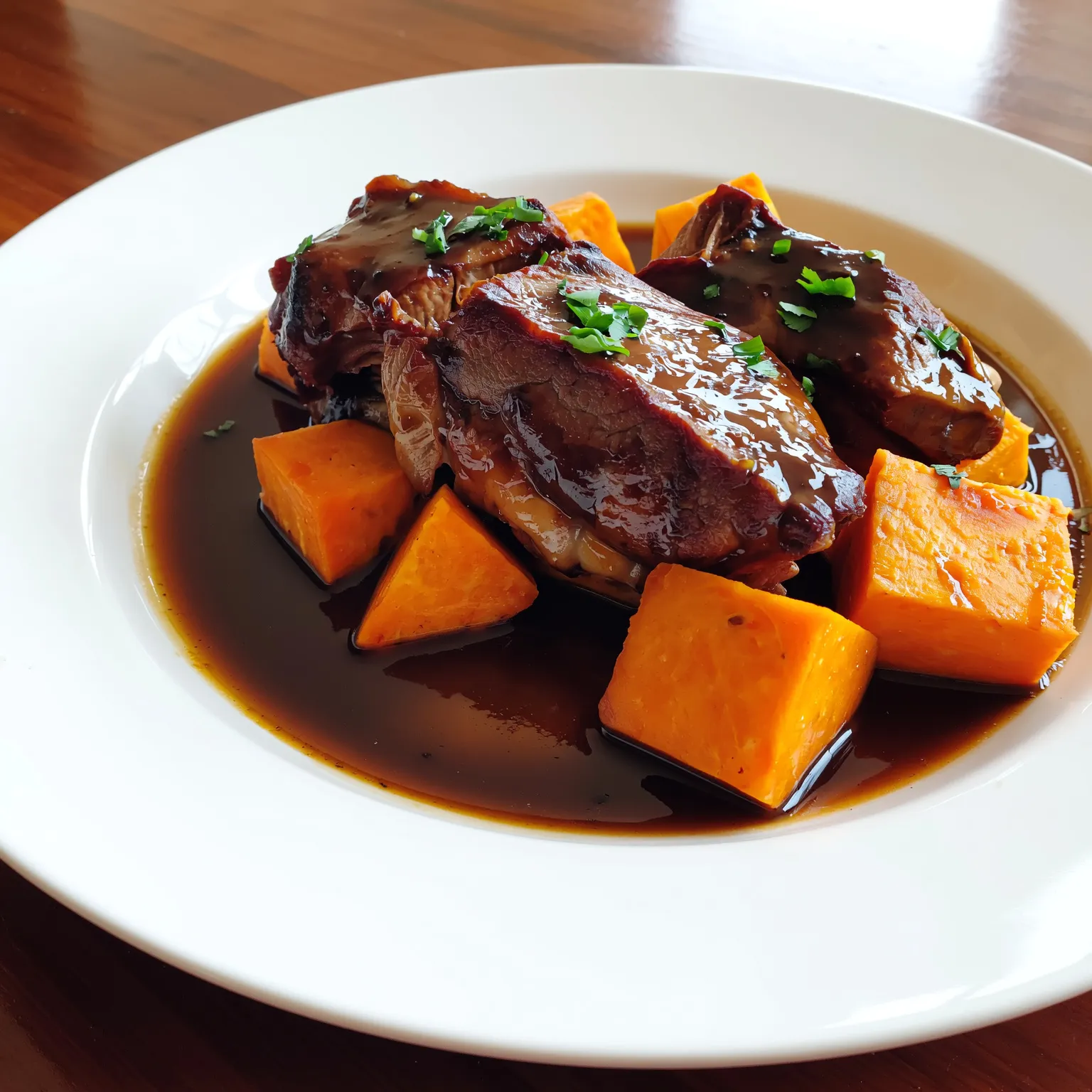 Belle assiette d'agneau et patate douce en sauce