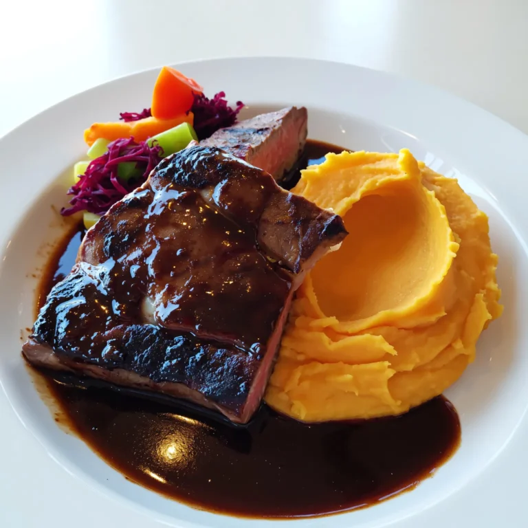 Assiette élégante avec bœuf grillé servi avec purée de patate douce onctueuse, contraste coloré, ambiance bistrot chic